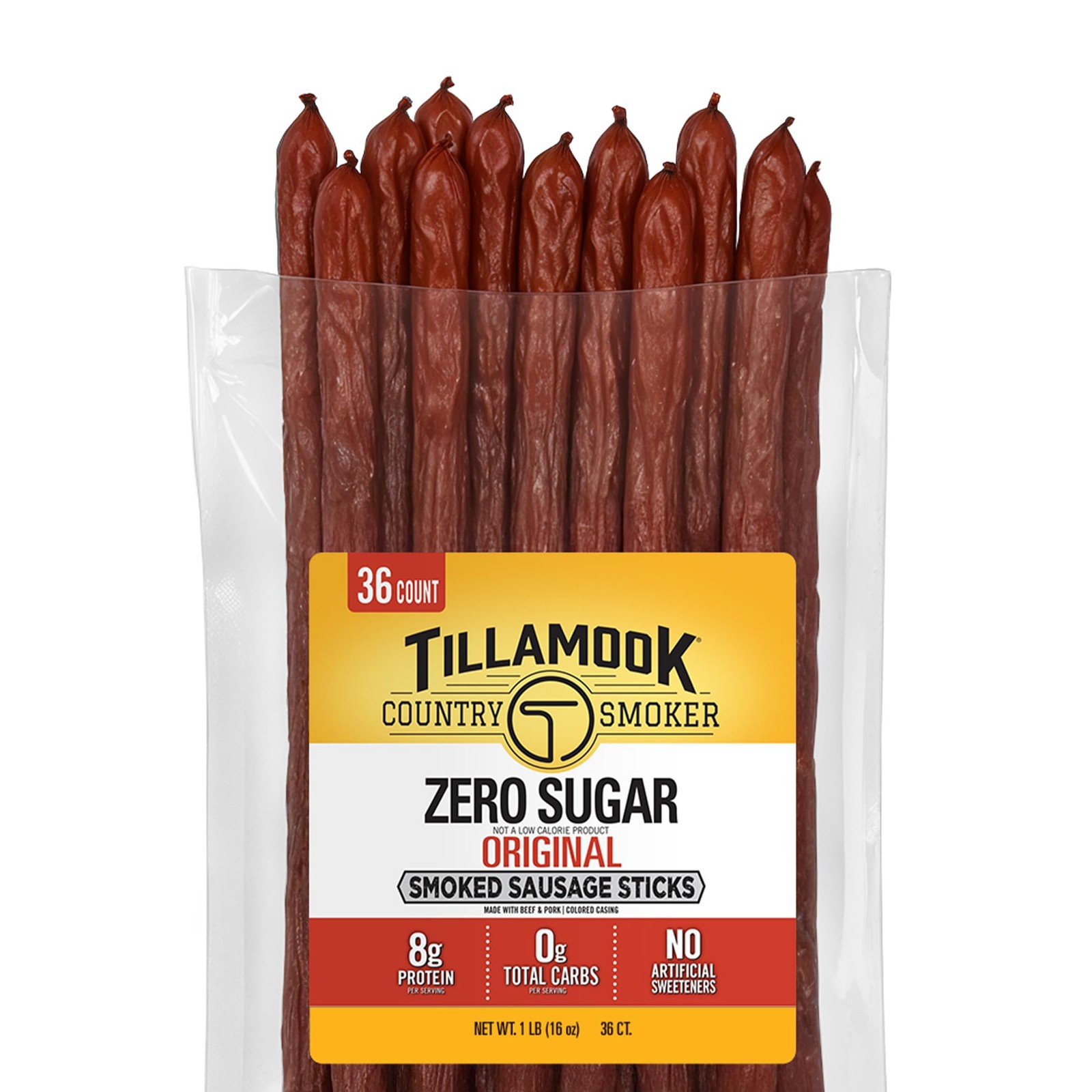 Tillamook Country Smoker Smoked Sausage, Zero Sugar, Original, 16oz, 36 sticks