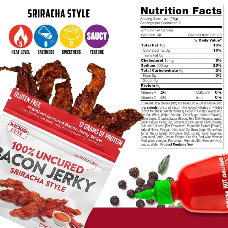 Bacon Jerky HOT SRIRACHA STYLE Spicy Gluten Free Wicked Cutz – One 2 oz. Bag