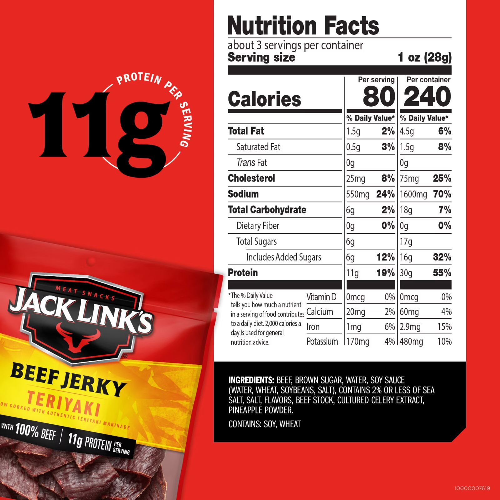 Jack Link’s Beef Jerky, Teriyaki, Made with 100% Beef, 11g of Protein 2.85 oz
