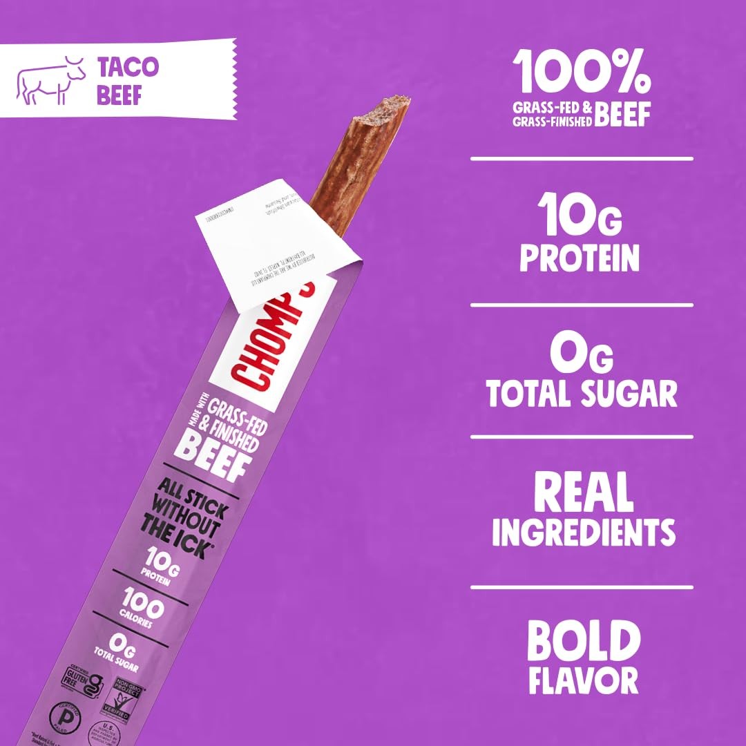Chomps Grass-Fed Taco Beef Jerky Snack Sticks 24-Pack – Keto, Paleo, Whole30