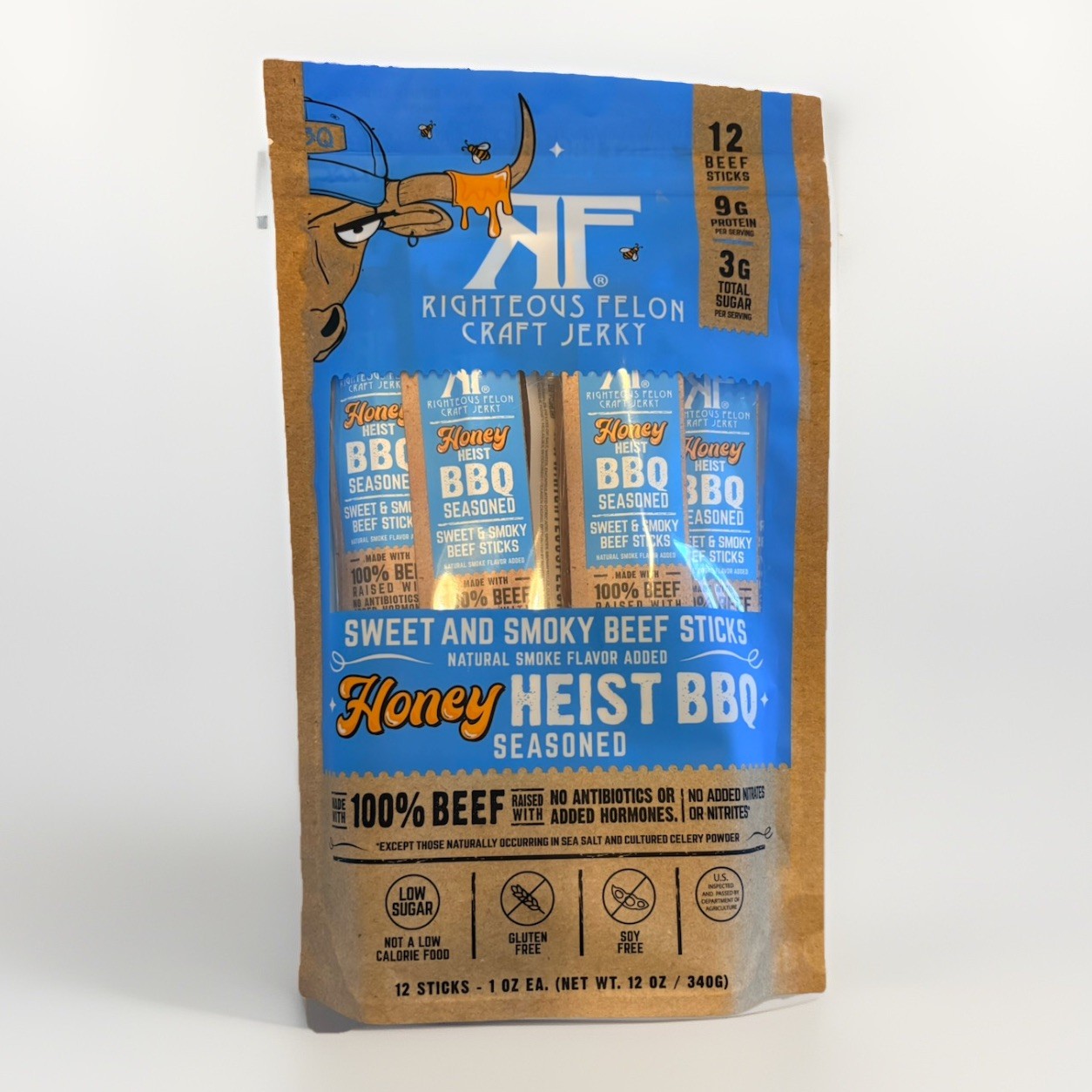 Righteous Felon Honey Heist BBQ Beef Meat Sticks 9g Protein, 12ct, 12oz
