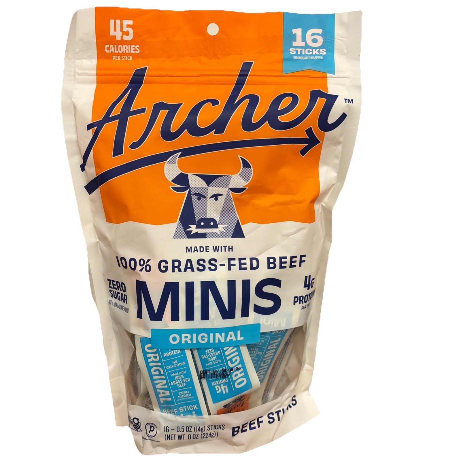 16 Sticks Country Archer Grass-Fed Beef Mini Sticks Original 0.5oz Ea BB 08/2026