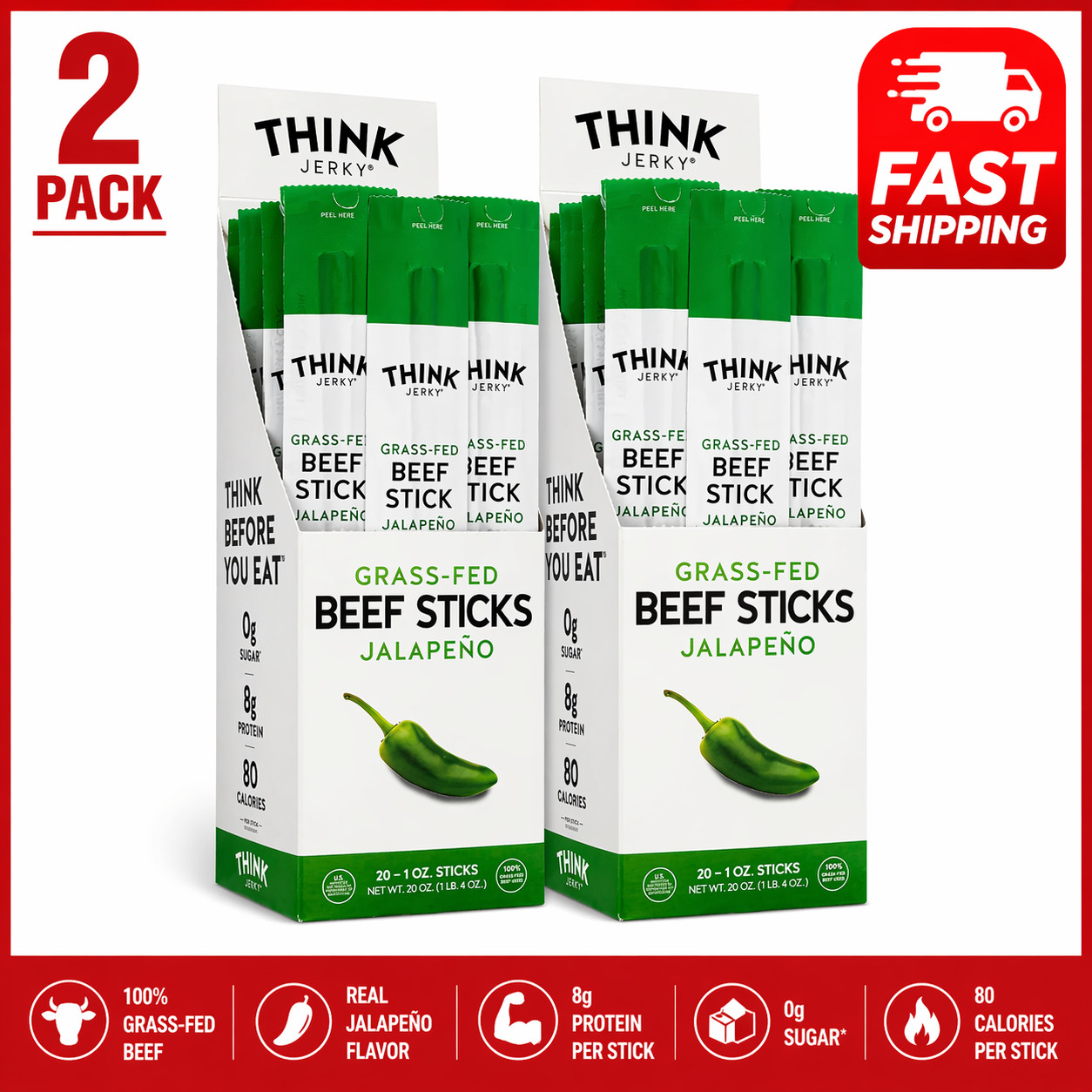 Lot of 20 Sticks x Think Jerky, Jalapeno Grass-Fed Beef Sticks (1.0 oz/Stick)