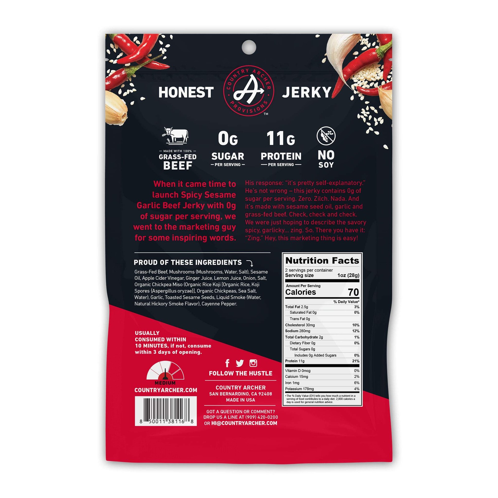 Spicy Sesame Garlic Beef Jerky 12 Ounce Healthy Snack Gluten Free Keto