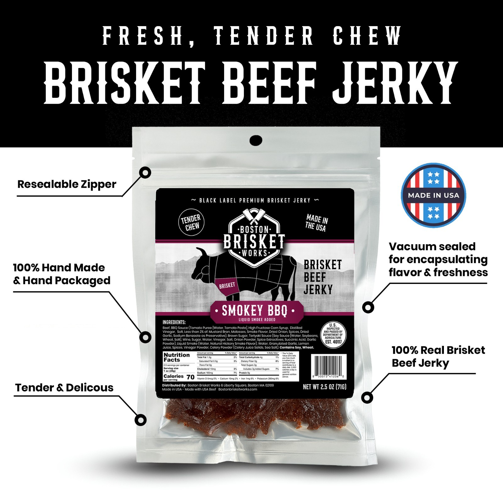 BEEF BRISKET JERKY – BBQ Flavor – USA Beef – Fast Shipping