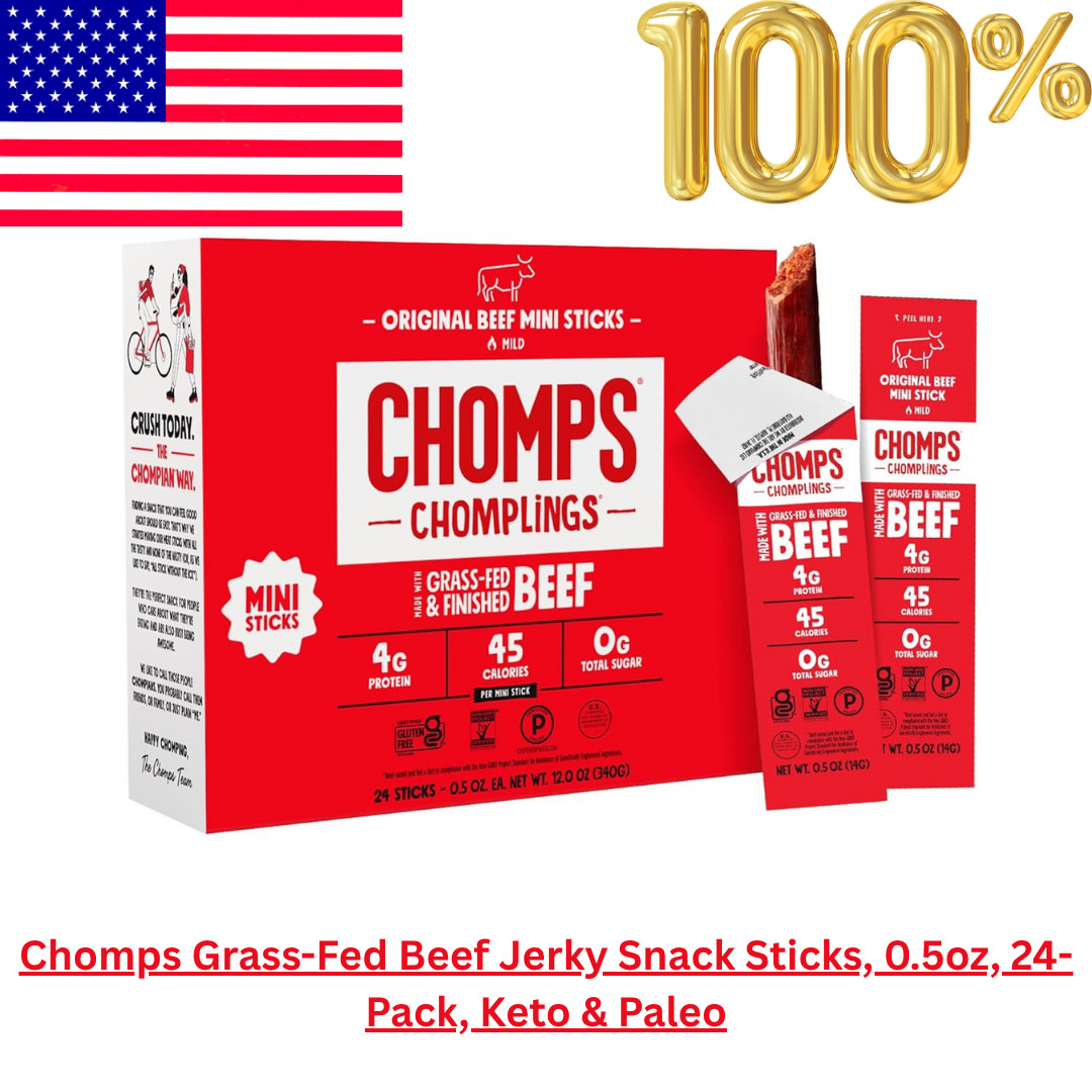 Chomps Grass-Fed Beef Jerky Snack Sticks, 0.5oz, 24-Pack, Keto & Paleo