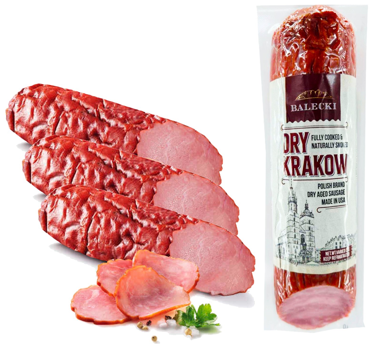 DRY KRAKOW Kiełbasa Sucha Krakowska Polish Smoked Sausage 8 Oz x 3 Pack