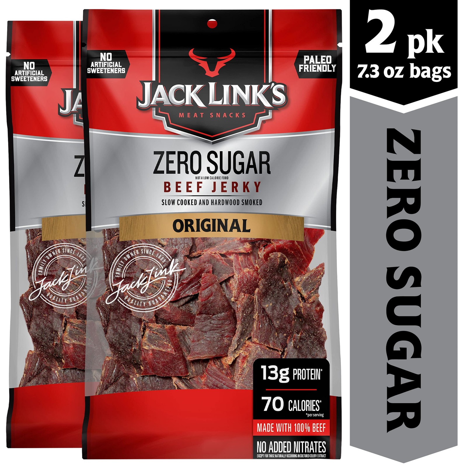 Beef Jerky Zero Sugar Keto Paleo Protein Snacks 13g Protein 7.3 Oz Pack of 2