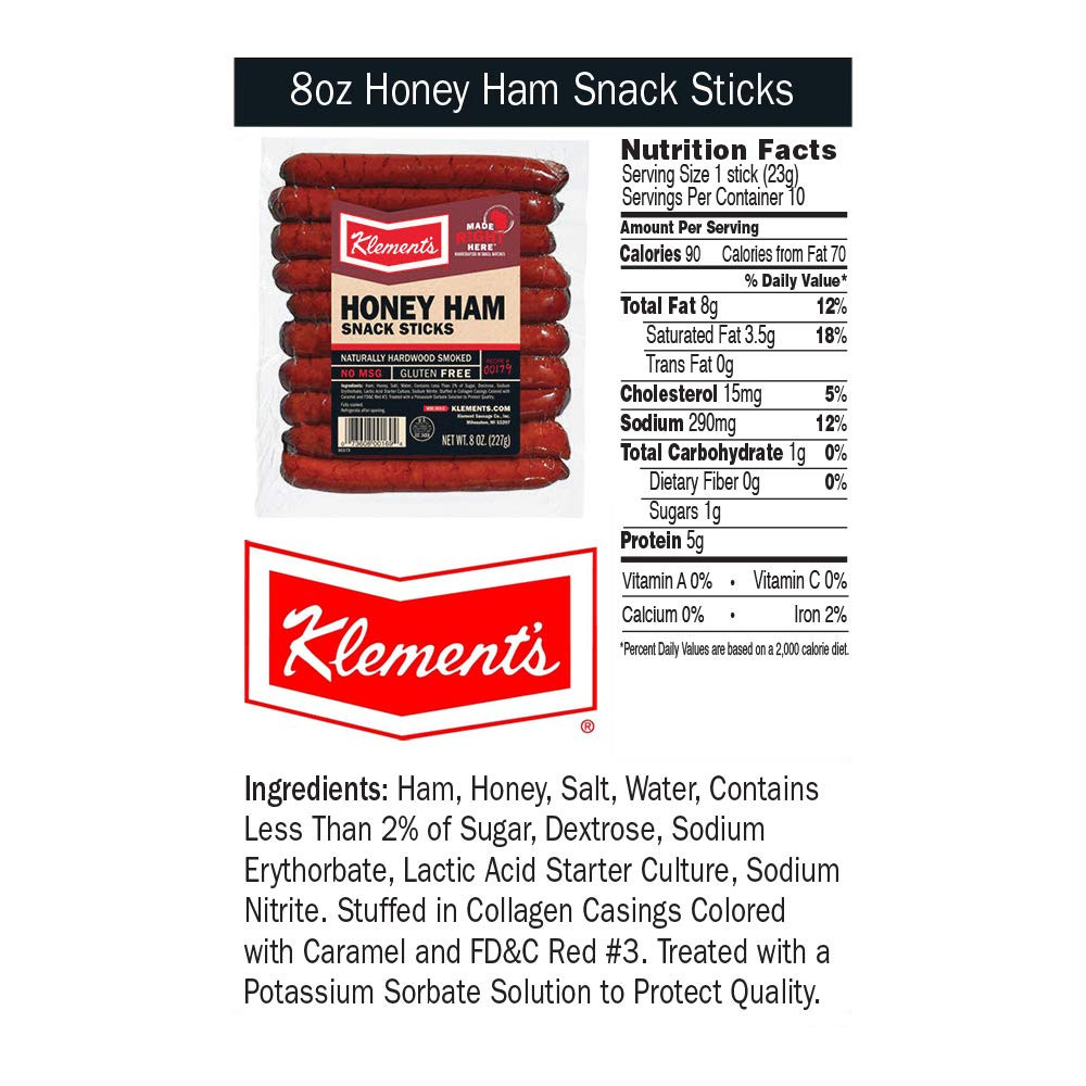 Klement’s Honey Ham Sticks Naturally Smoked Gluten Free 8 Ounce Snack