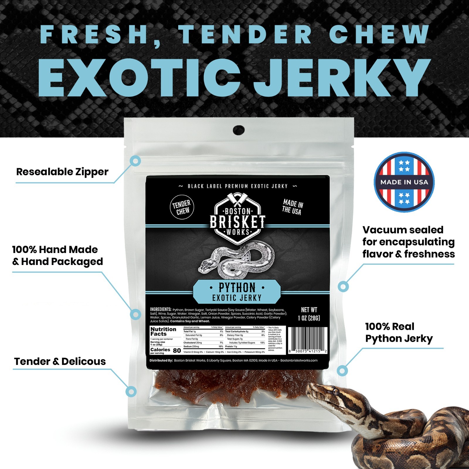 PYTHON SNAKE JERKY – Exotic Wild Game Snack – Made in the USA – Fast Shipping!