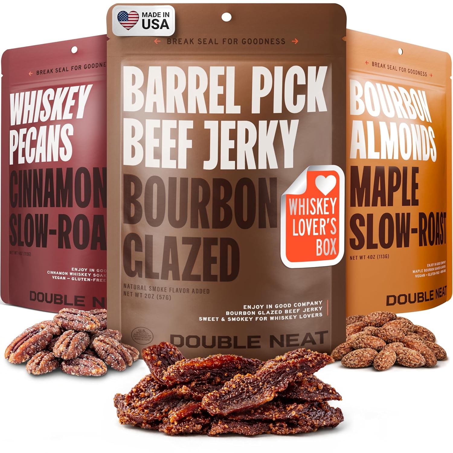 Bourbon Glazed Beef Jerky, Pecans, Almonds Variity Sampler Combo 3 – 2oz. Bags