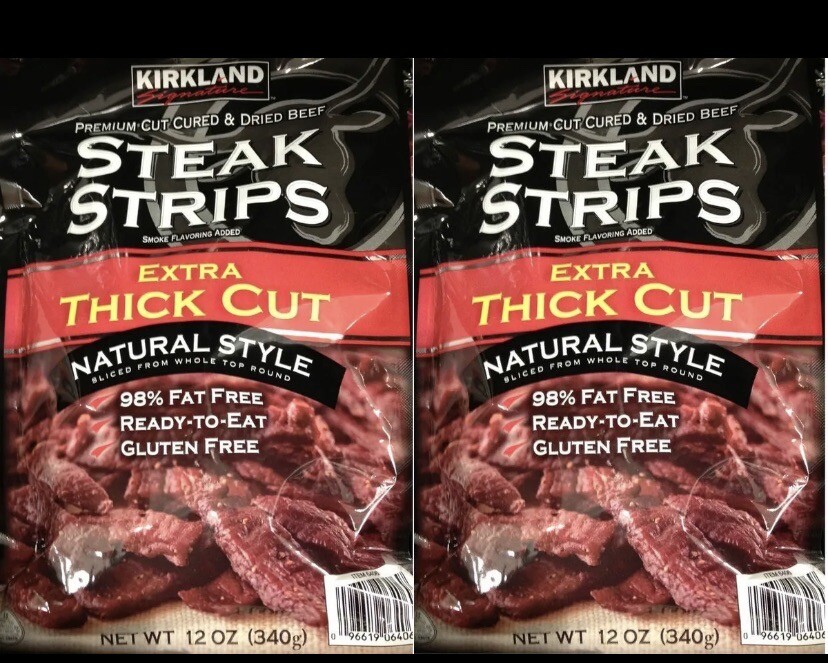2 X Kirkland STEAK STRIPS (Jerky) – 12 oz Extra Thick Premium Cut Top Round Beef