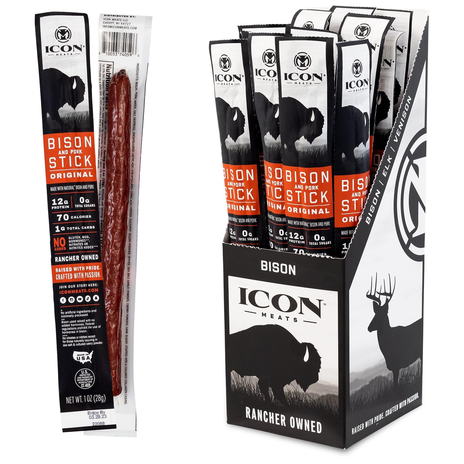 ICON Meats Bison Pork Snack Sticks Original 24 Pack High Protein Keto Sugar Free