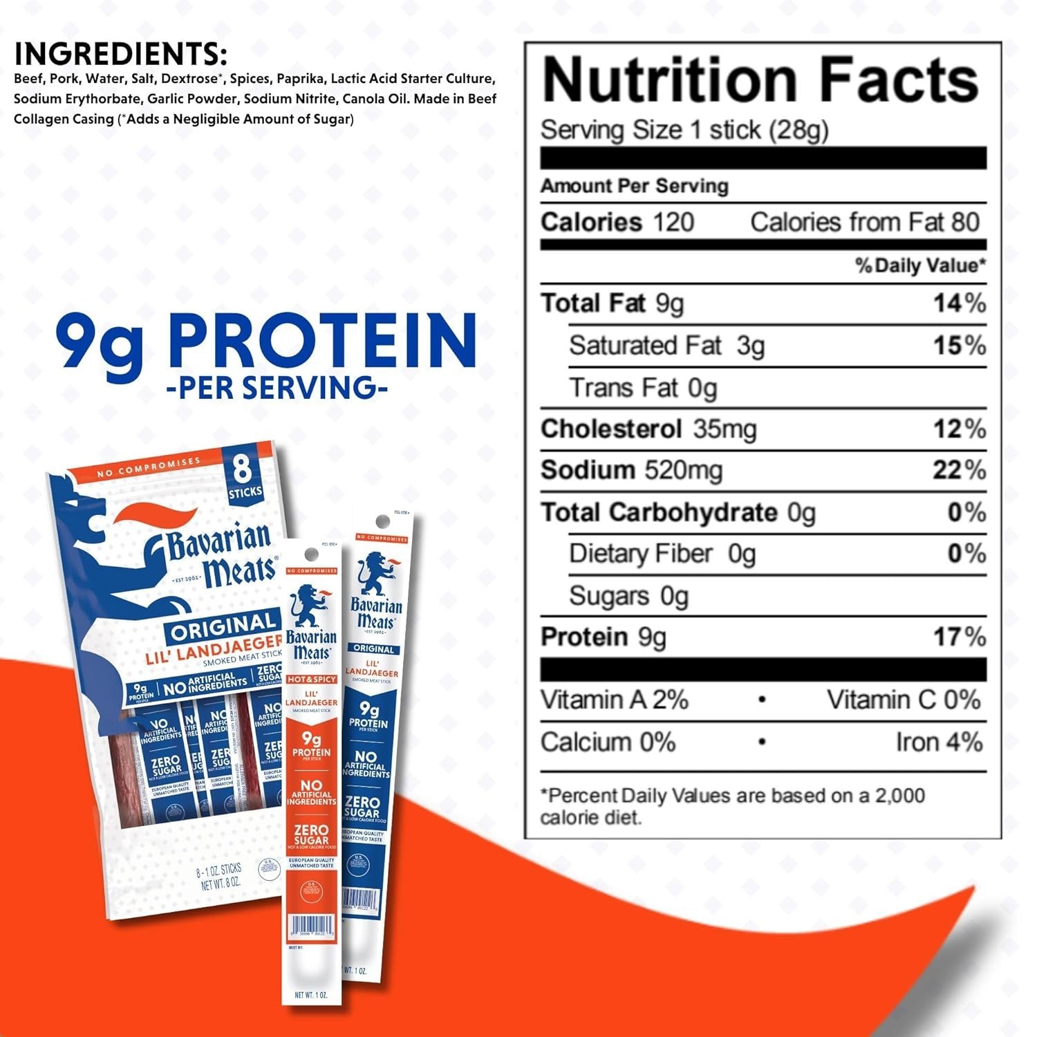 Meat Sticks Hot Spicy Landjaeger Keto Low Carb Zero Sugar Protein Snack 8-Pack