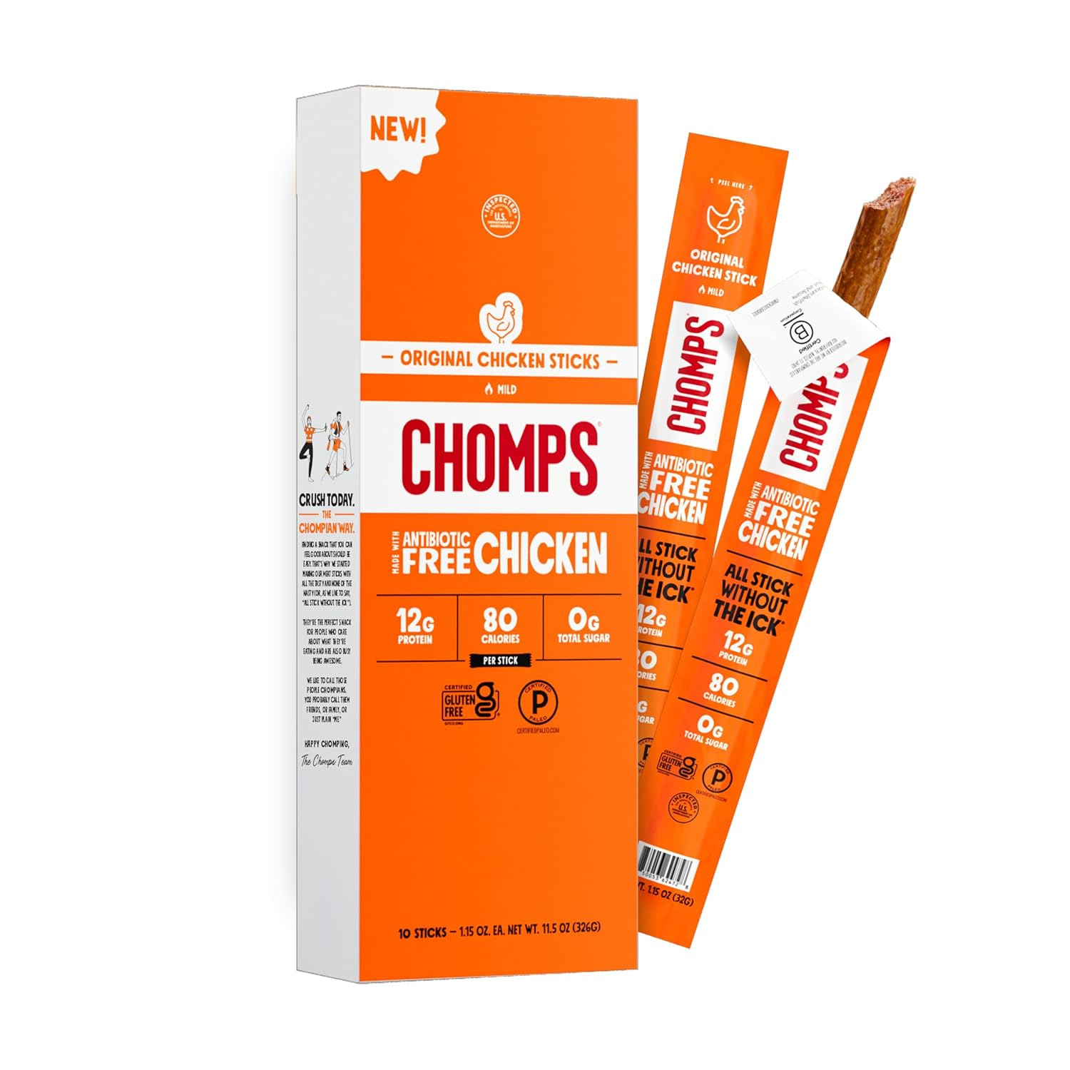 Chomps Original Chicken Jerky Meat Snack Sticks, Whole30 Approved 10-Pack