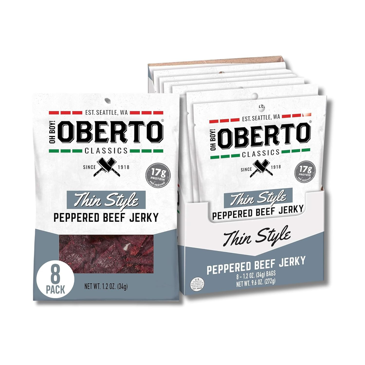 Peppered Beef Jerky Thin Style 1.2oz 8 Pack Protein Snack Ready to Eat