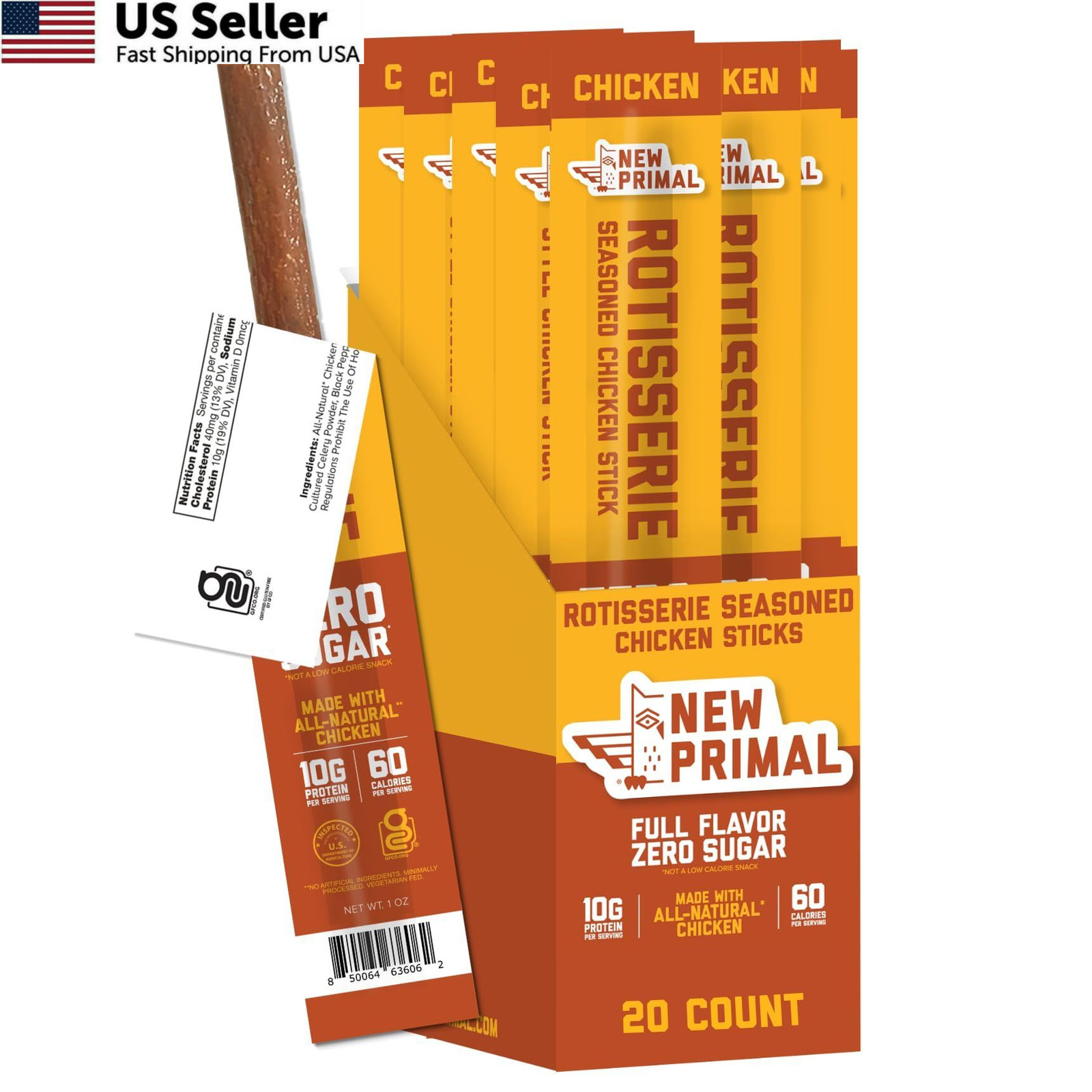 New Primal Rotisserie Chicken Sticks, Zero Sugar High 1 Ounce (Pack of 20)