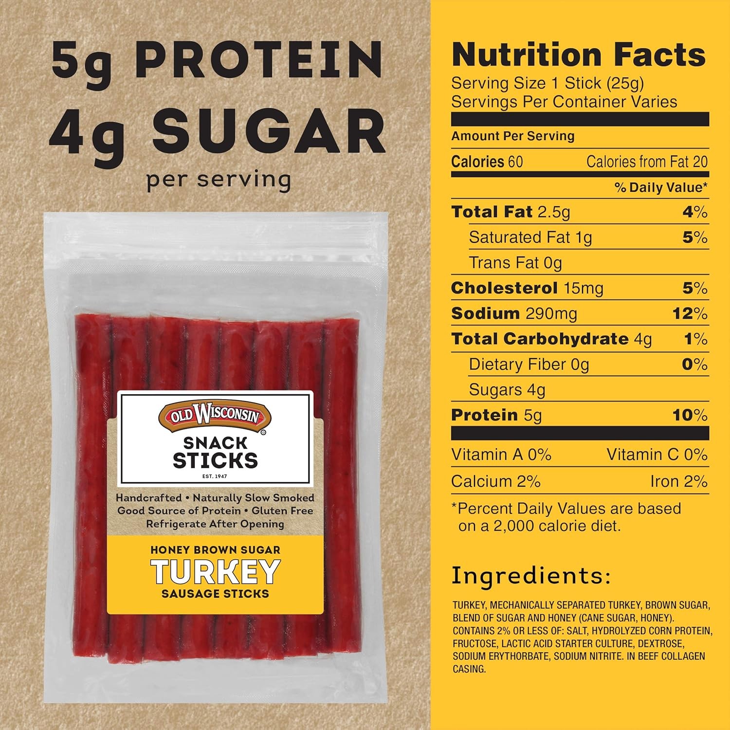 Old Wisconsin Honey Brown Sugar Turkey Sausage Snack 1 Pound (Pack of 1)