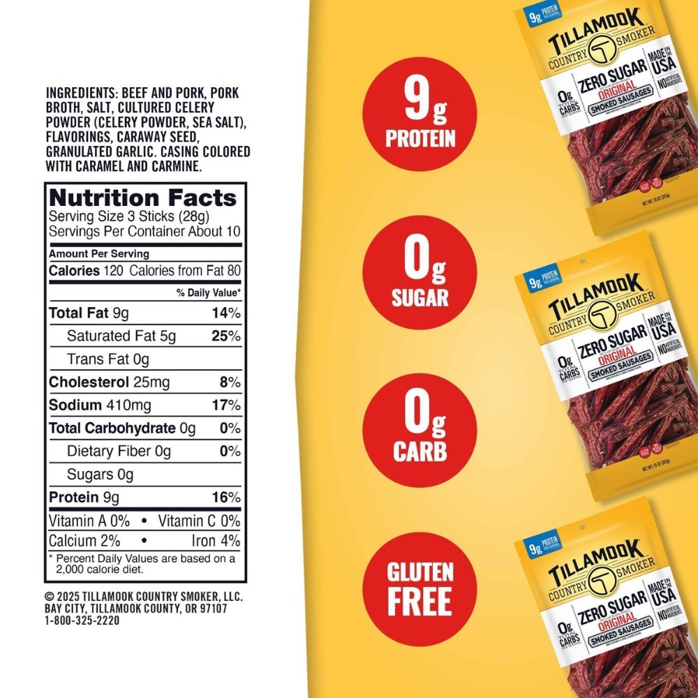 Tillamook Country Smoker Zero Sugar Original Smoked Sausages – 9g Protein – 10oz