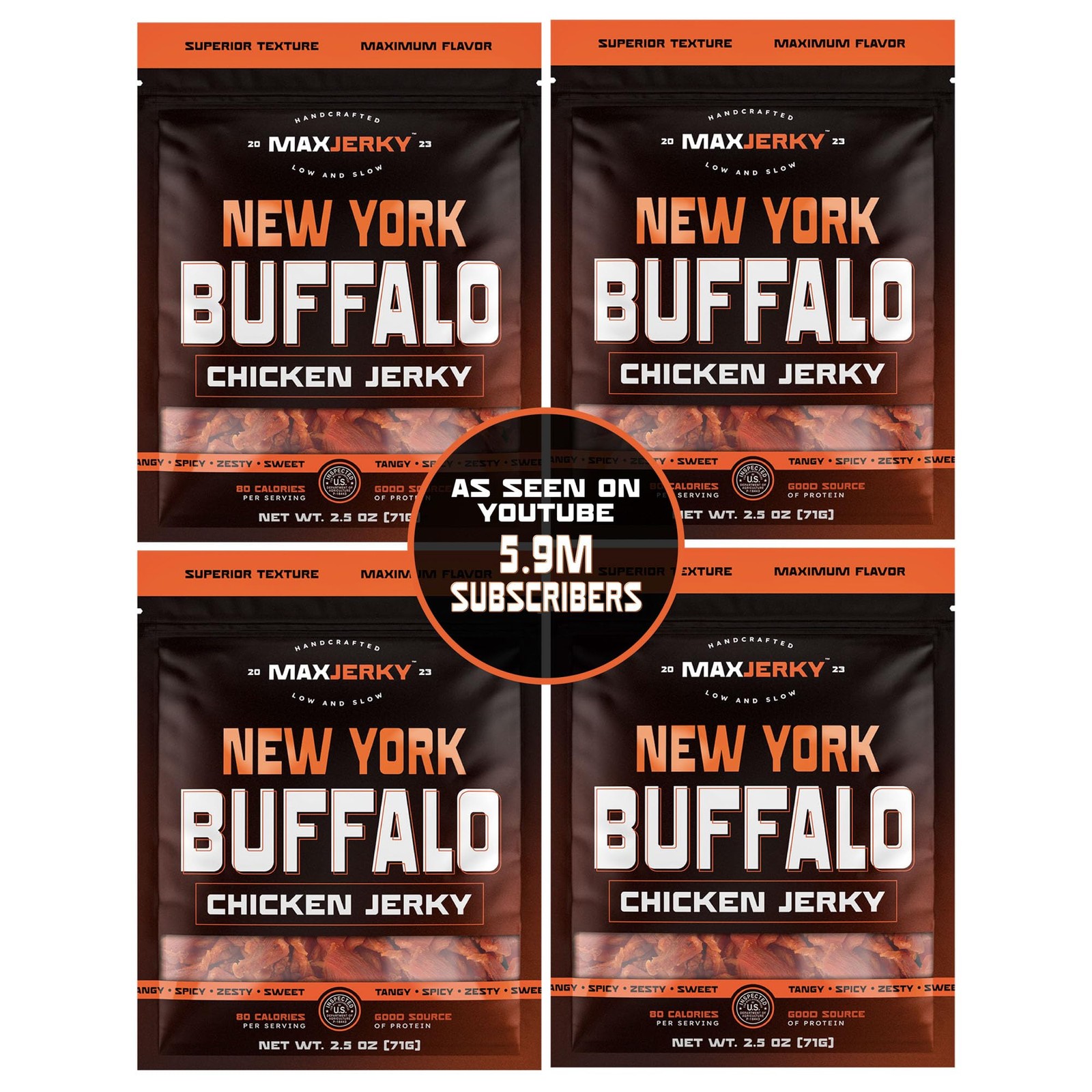 MaxJerky New York Buffalo Chicken Jerky, 22.5 Grams of Protein, 2.5 OZ 4 Pack