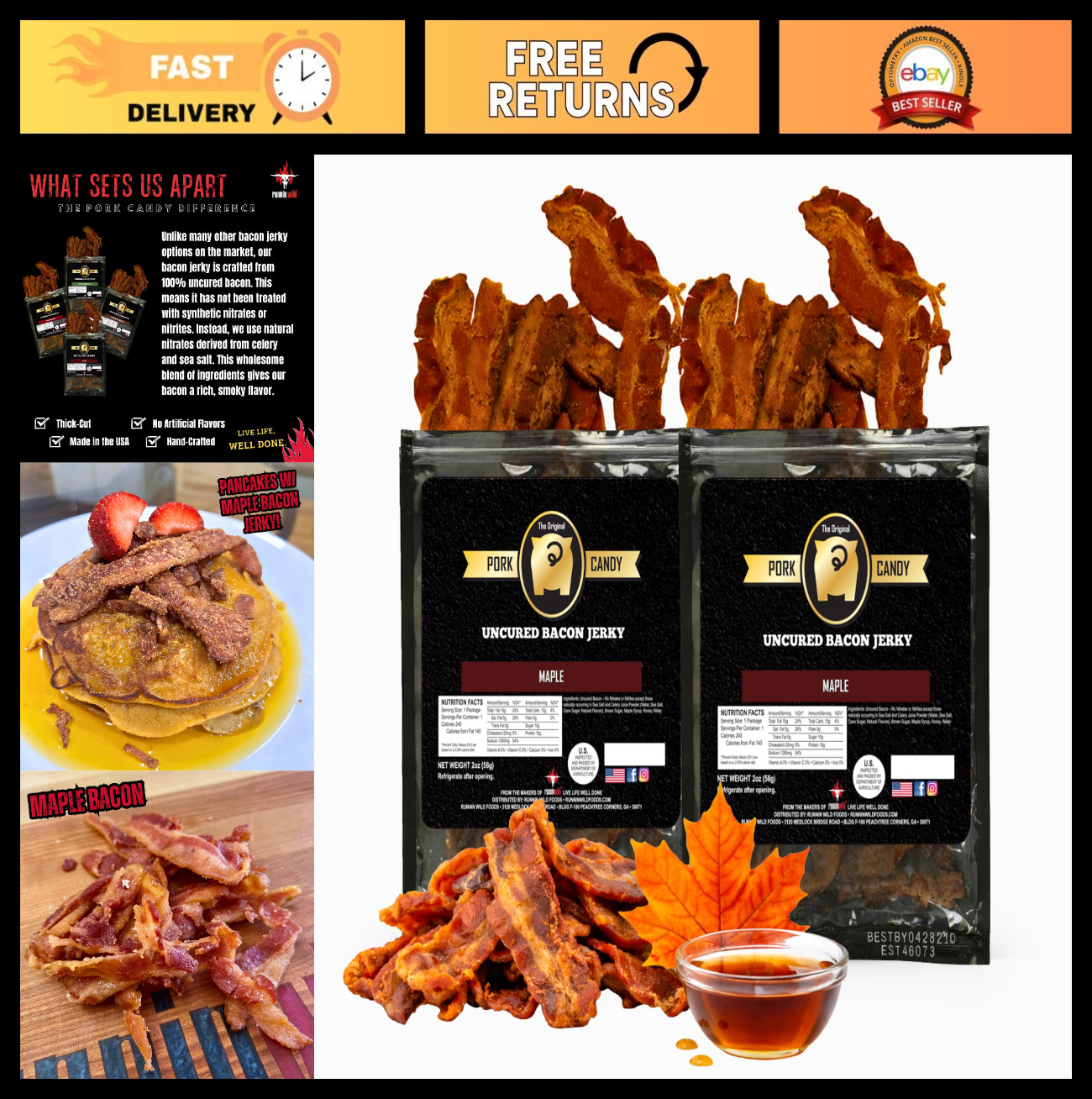Sweet & Savory Maple Bacon Jerky – Thick-Cut, 100% Real Uncured Bacon Snack – 4o