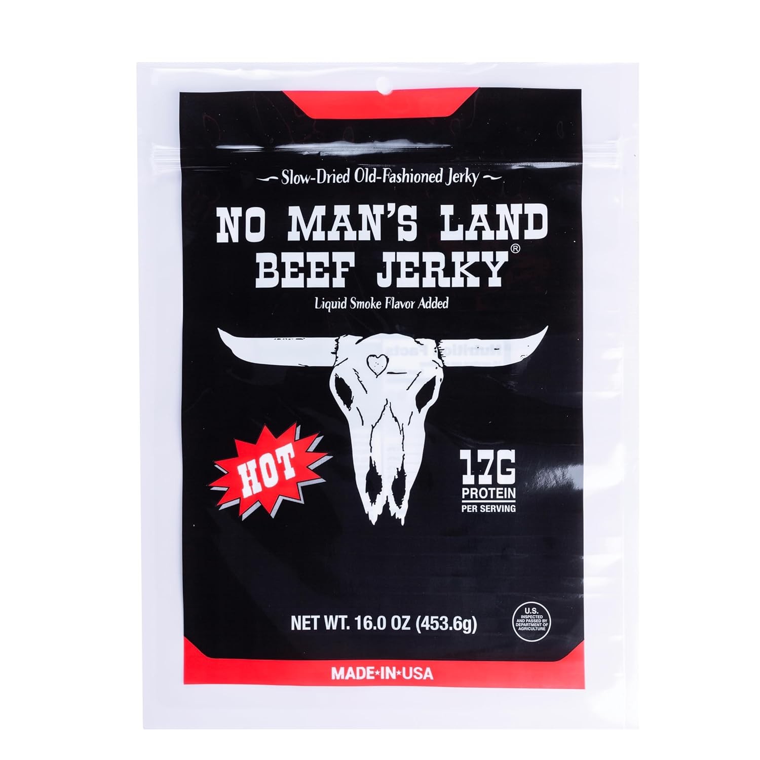 No Mans Land Premium Beef Jerky, 17g Protein, Smoked & Seasoned, HOT 16oz Bag