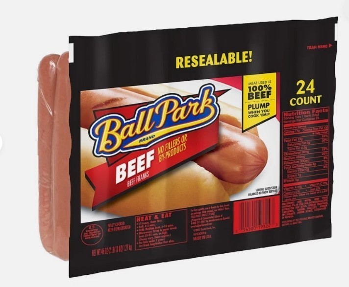 Ball Park Beef Hot Dogs, Original Length, 24 Count (Club Pack) 3lb