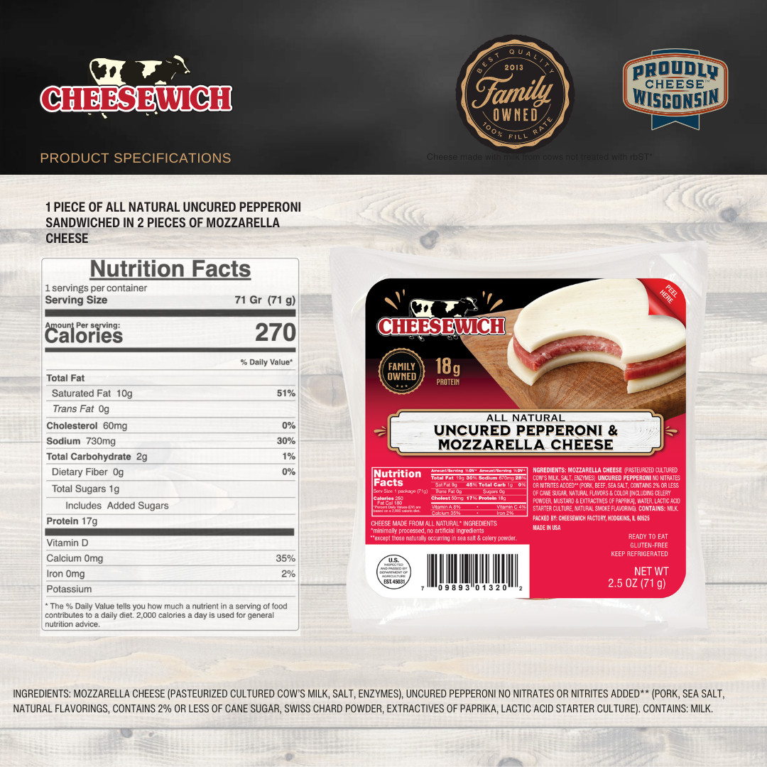 Cheesewich Protein Snacks – 18g Protein Mozzarella & Uncured Pepperoni Cheese…