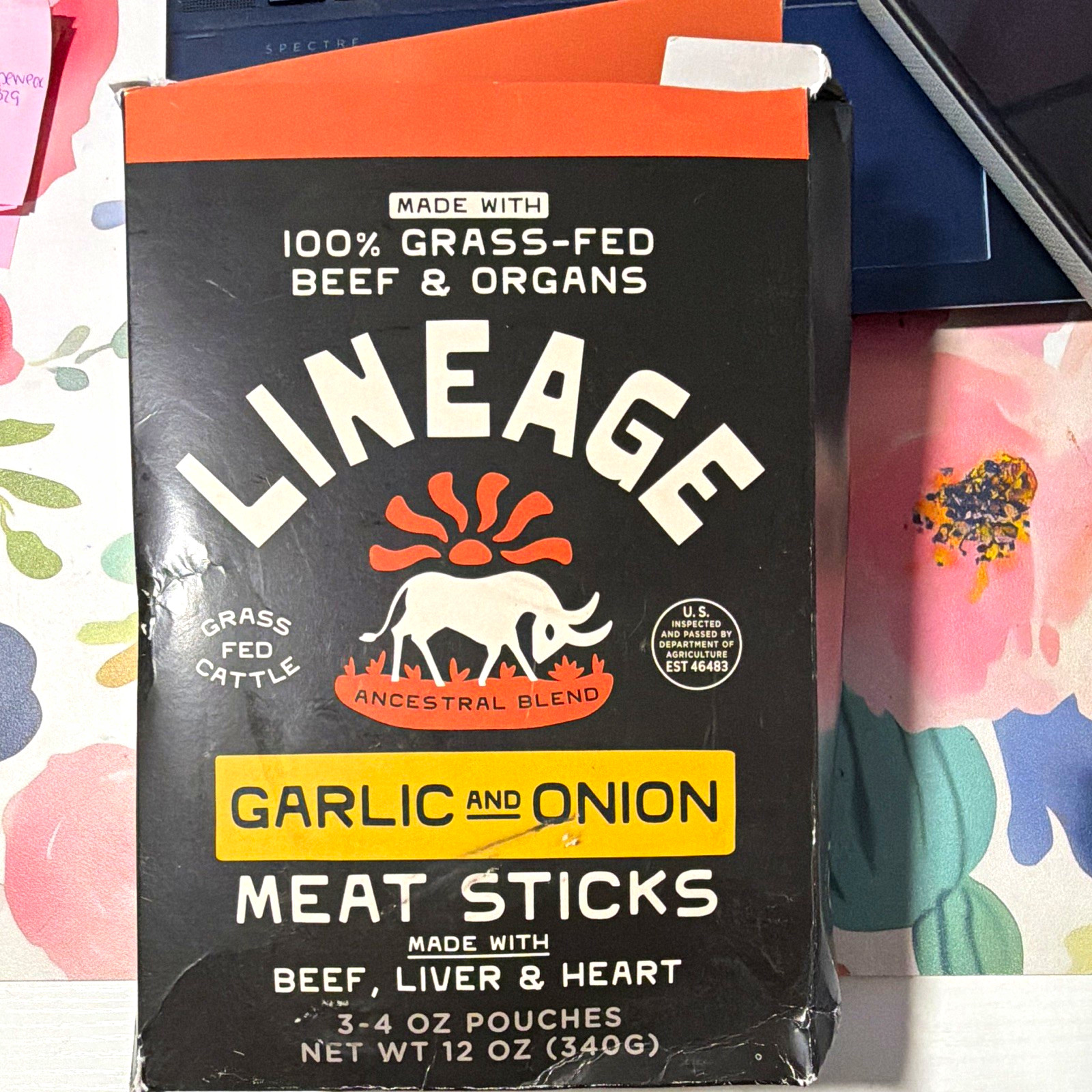 Lineage Garlic & Onion Meat Sticks 100% Grass-Fed Beef & Organs, 4 oz 3 packs