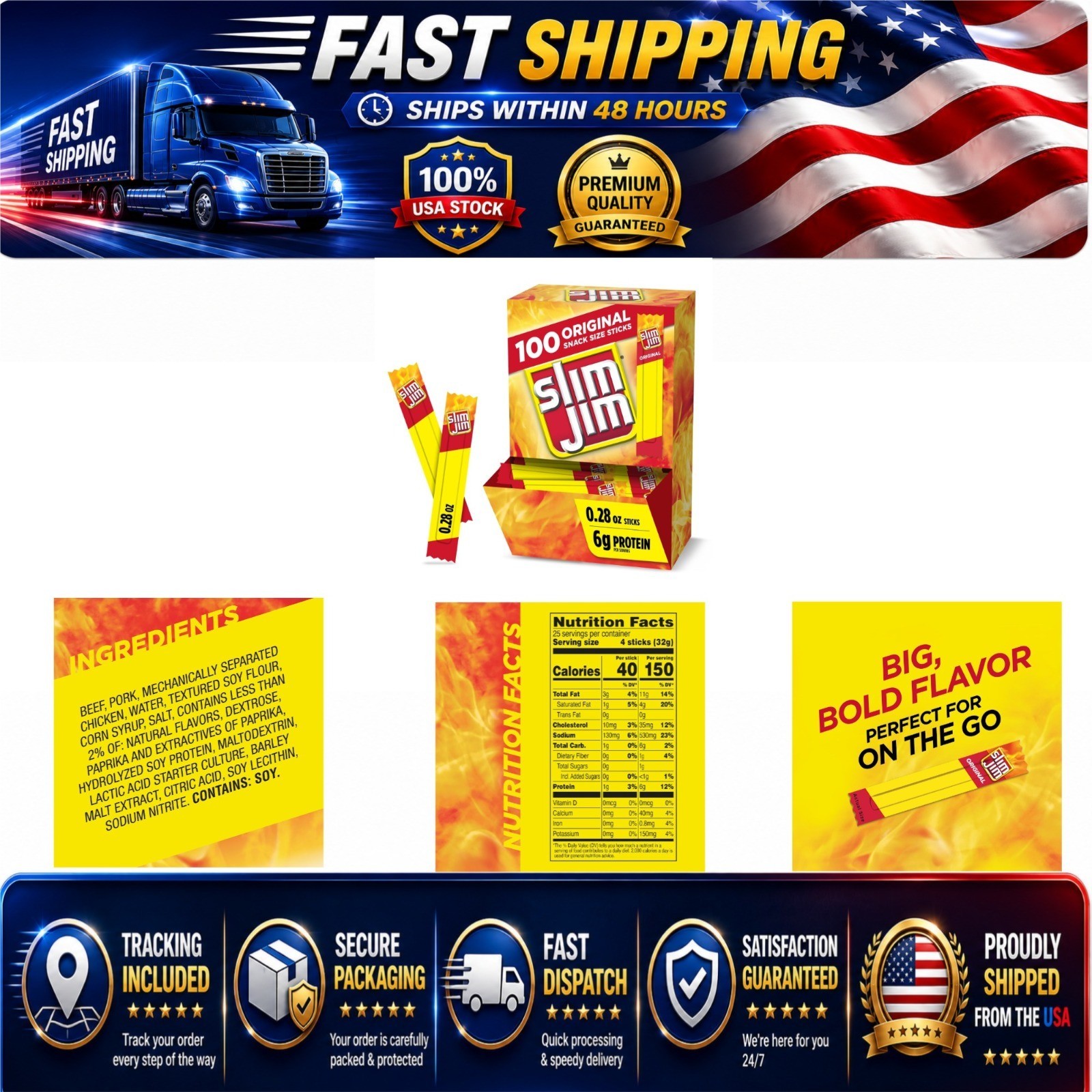 Slim Jim Original Jerky Snack Sticks, 100 Count, 6g Protein, 0.28 oz