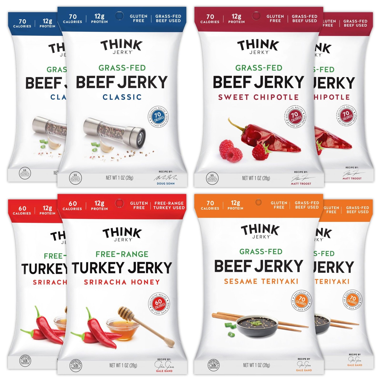 Think Jerky Beef and Turkey Jerky Variety Pack, Classic, Sweet Chipotle, Srir…