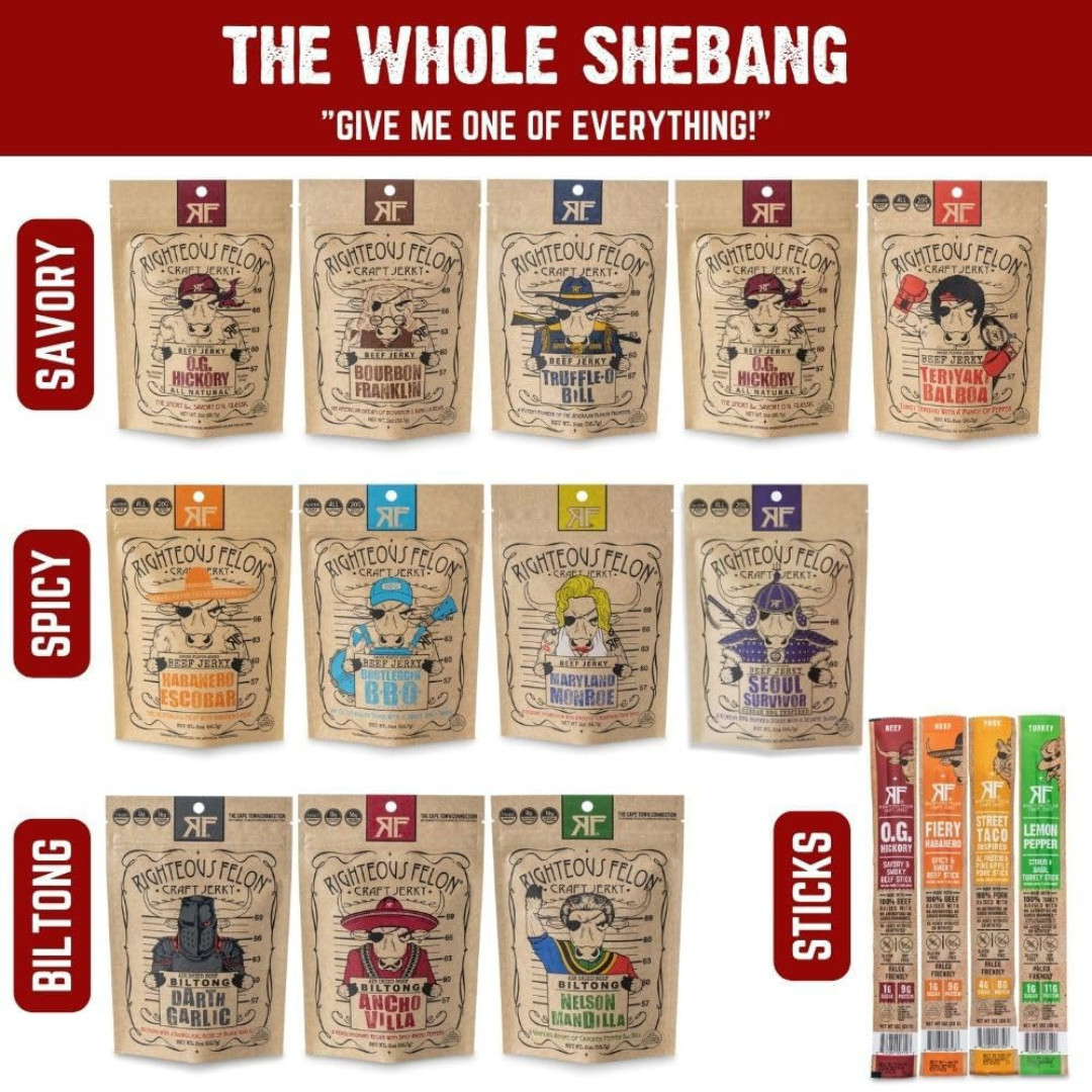 Righteous Felon Beef Jerky & Meat Sticks Variety Pack 16 High Protein Keto Snack