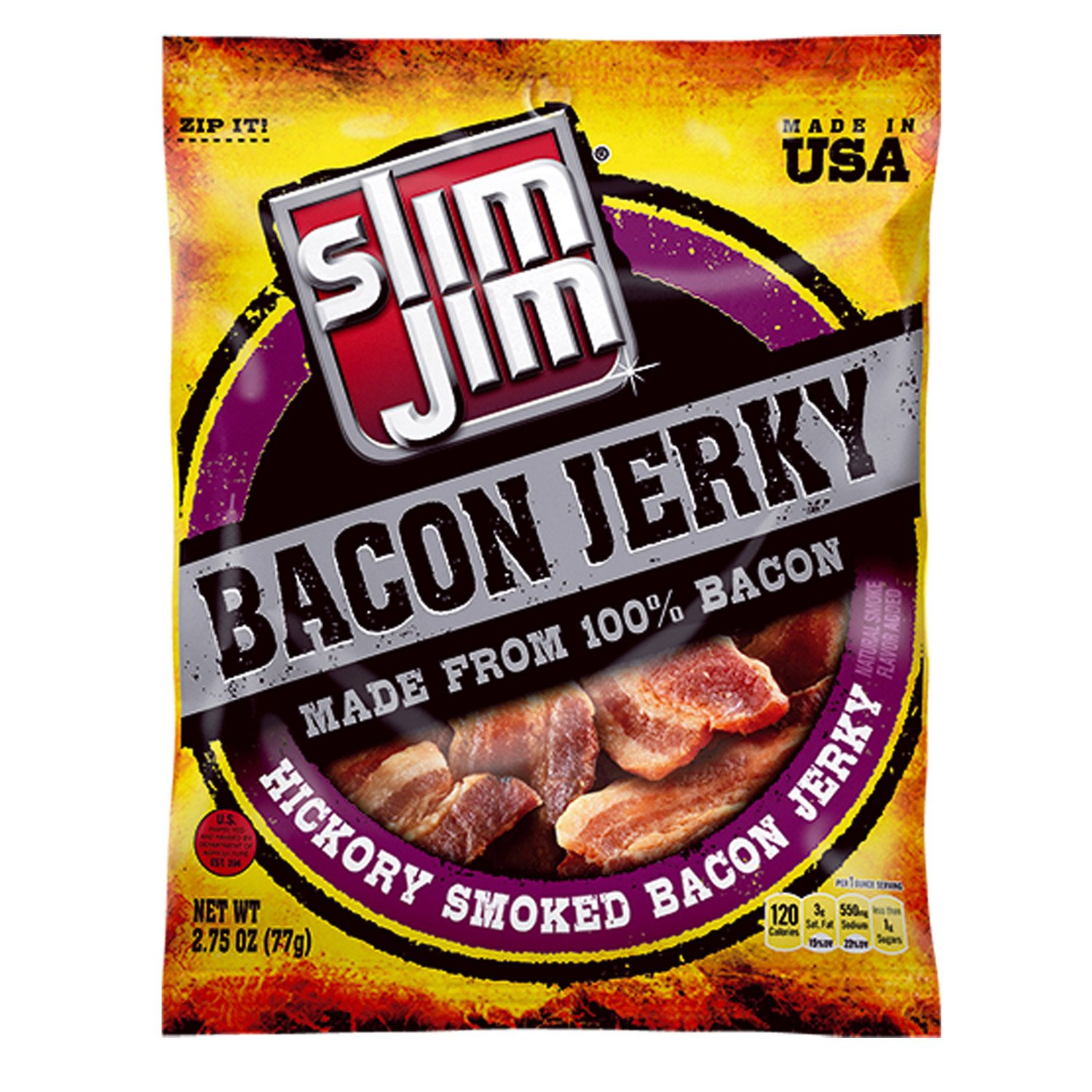 Bacon Jerky, Hickory Smoked Flavor, 2.75 Oz. Bag (Pack of 8)