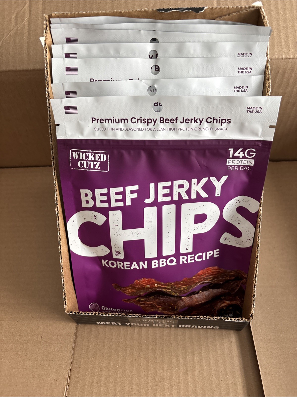 (8) Wicked Cutz Korean BBQ Beef Jerky Chips 14g Protein , 1.25oz, BB 08/26