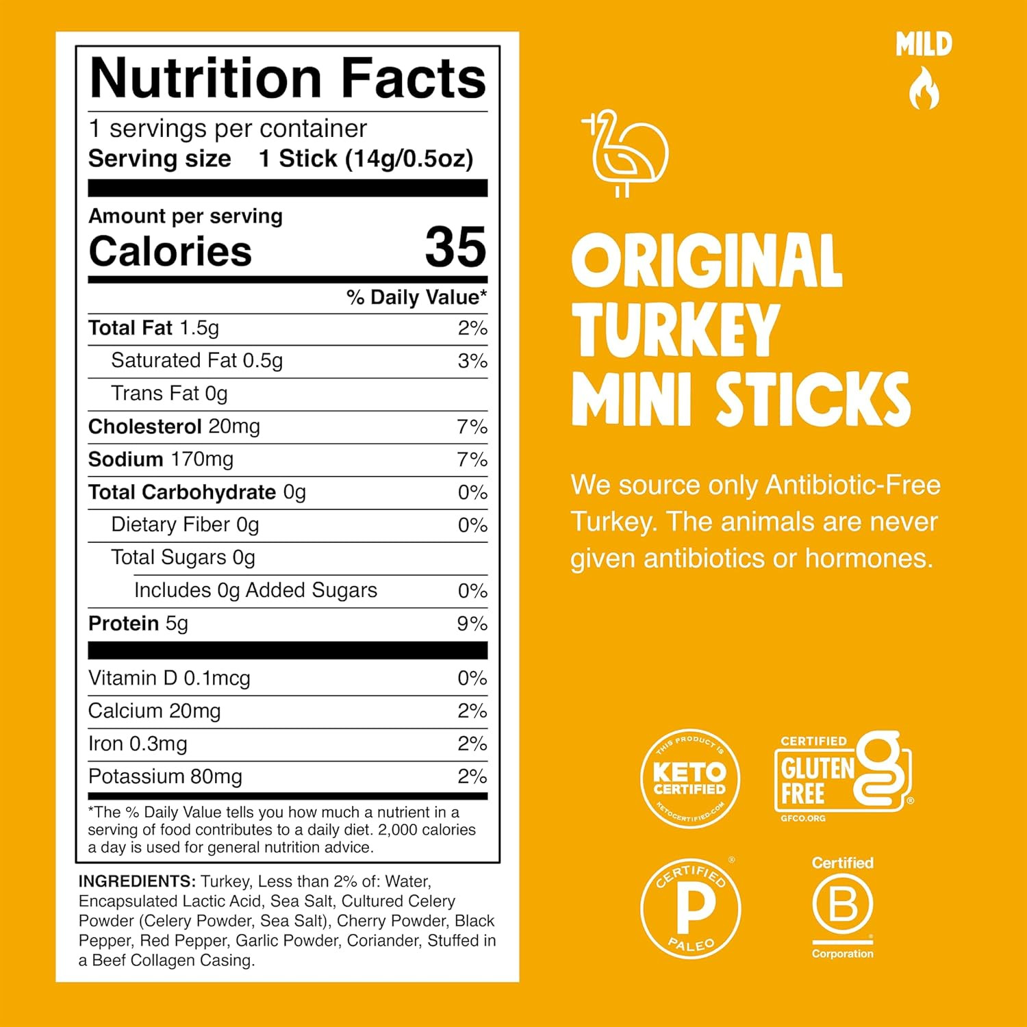 Snack Size Original Turkey Jerky Meat Sticks, ABF Turkey, Keto, Paleo, Whole30 A