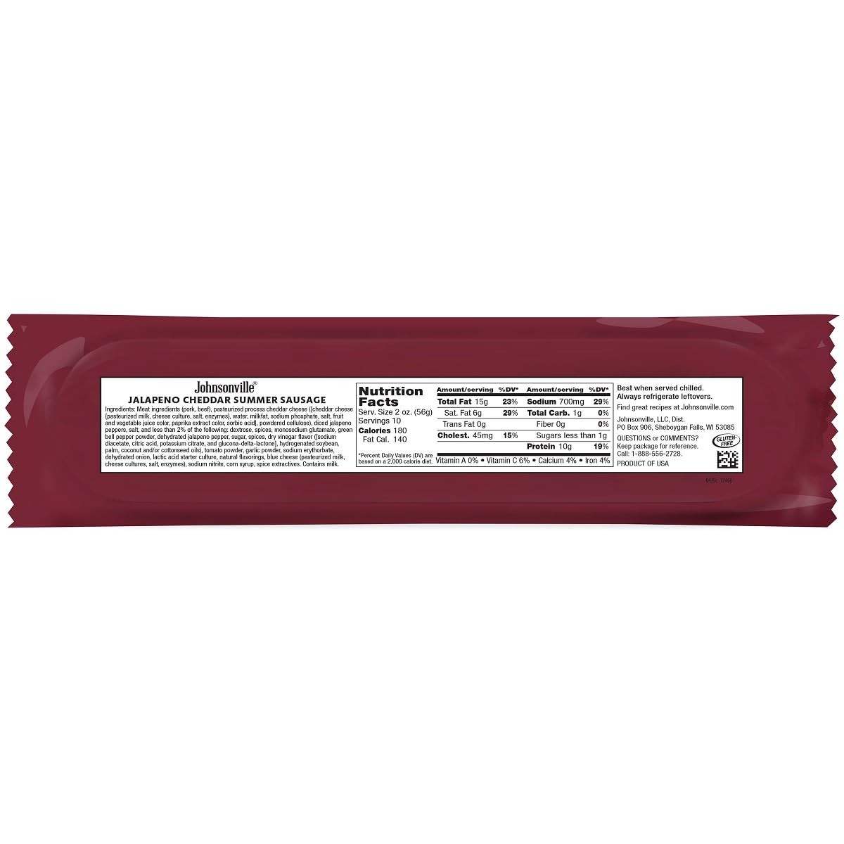 Johnsonville Jalapeno Cheddar Summer Sausage 1/20oz, Good Source of Protein, …