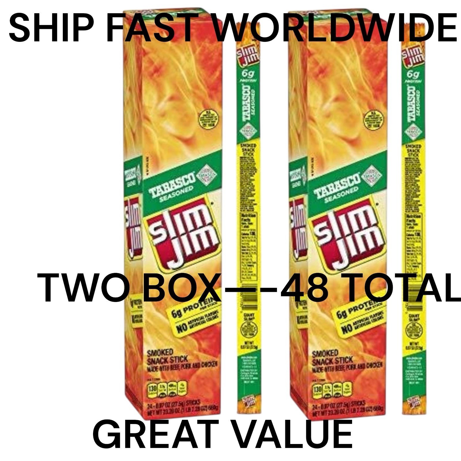Slim Jim Giant Smoked Snack Sticks, Tabasco, Keto Friendly .97 Oz. 48 Ct Total!