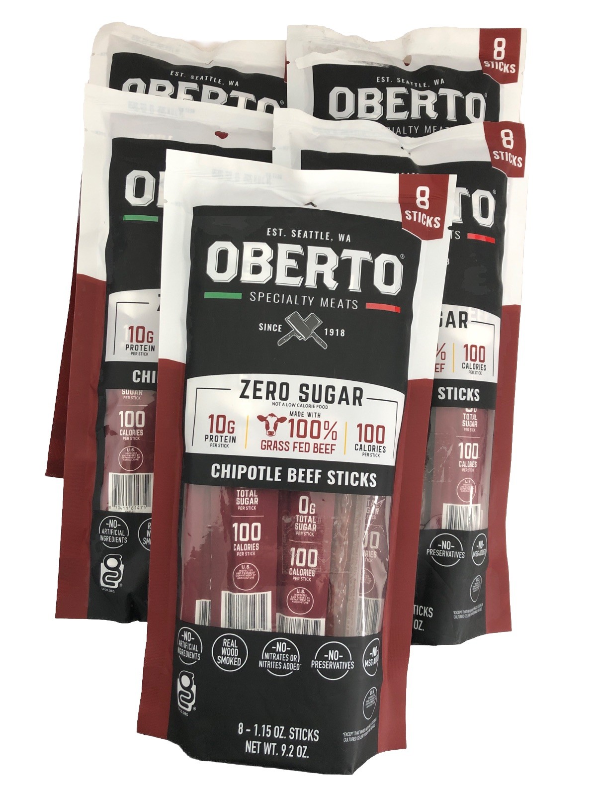New Oberto Zero Sugar 100% Grass Fed Chipotle Beef Sticks 8 – 1.15 Oz x 2 Bags