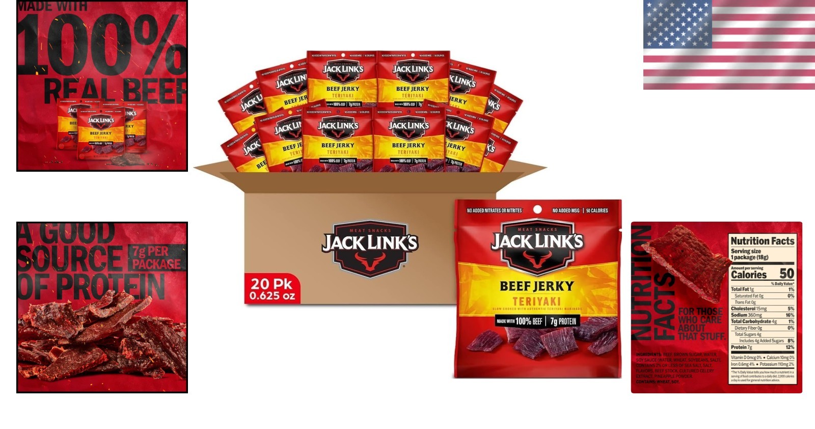Beef Jerky Pack Multi 20 Bags Teriyaki 0.625oz Protein Snacks Ready to Eat