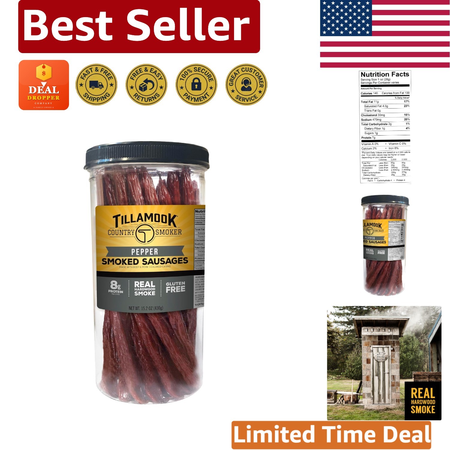 Keto-Friendly 15.2 Ounce Pepper Smoked Sausage Jar – 20 Protein-Packed Snacks