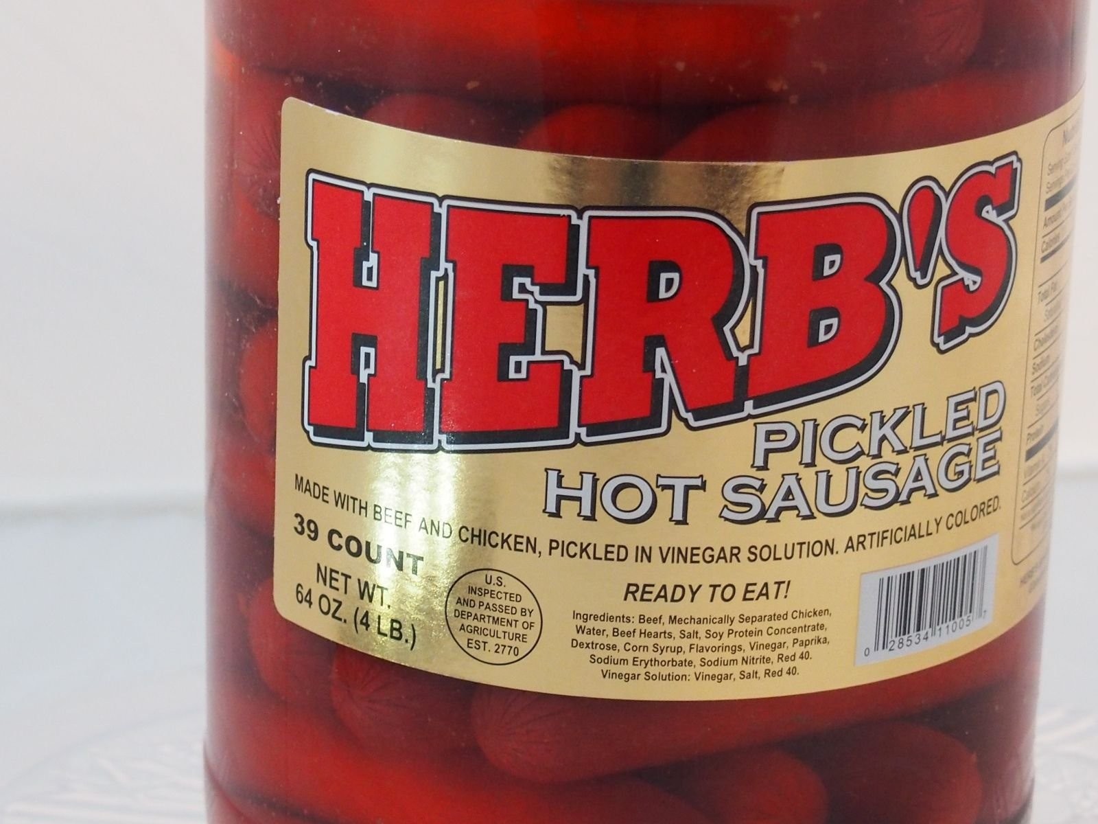Herbs RED HOT Pickled Sausage 1 Gal. Jar 39 Count Beef & Chicken No Pork Fro…
