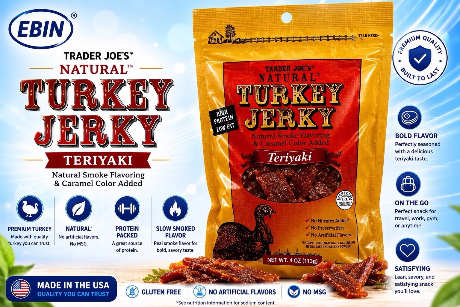 Trader Joe’s Natural Turkey Jerky Teriyaki, 4oz (113g) Pack of 2