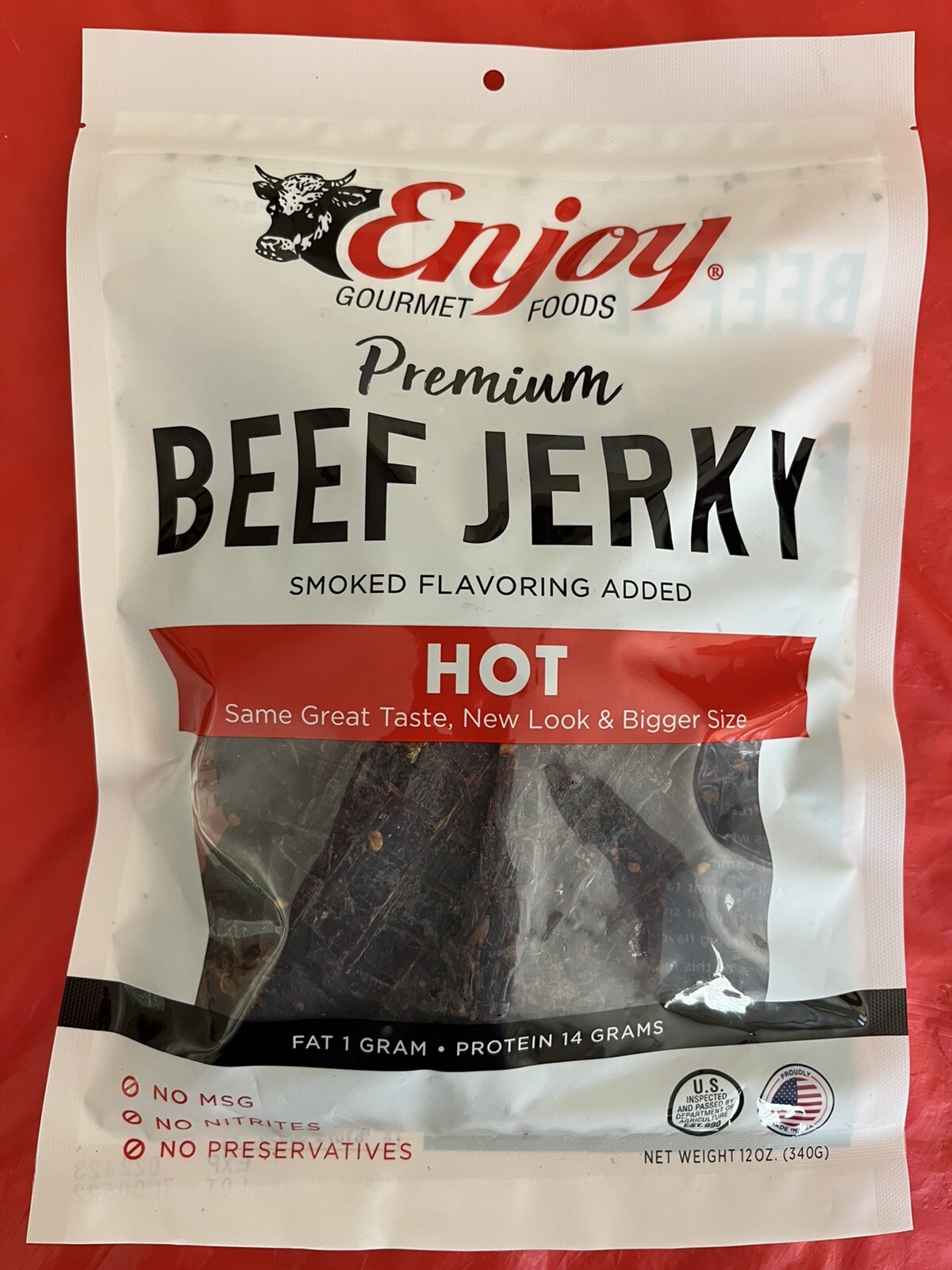 “ENJOY” PREMIUM “HOT” BEEF JERKY, LARGER PACK, 12-oz (340g)