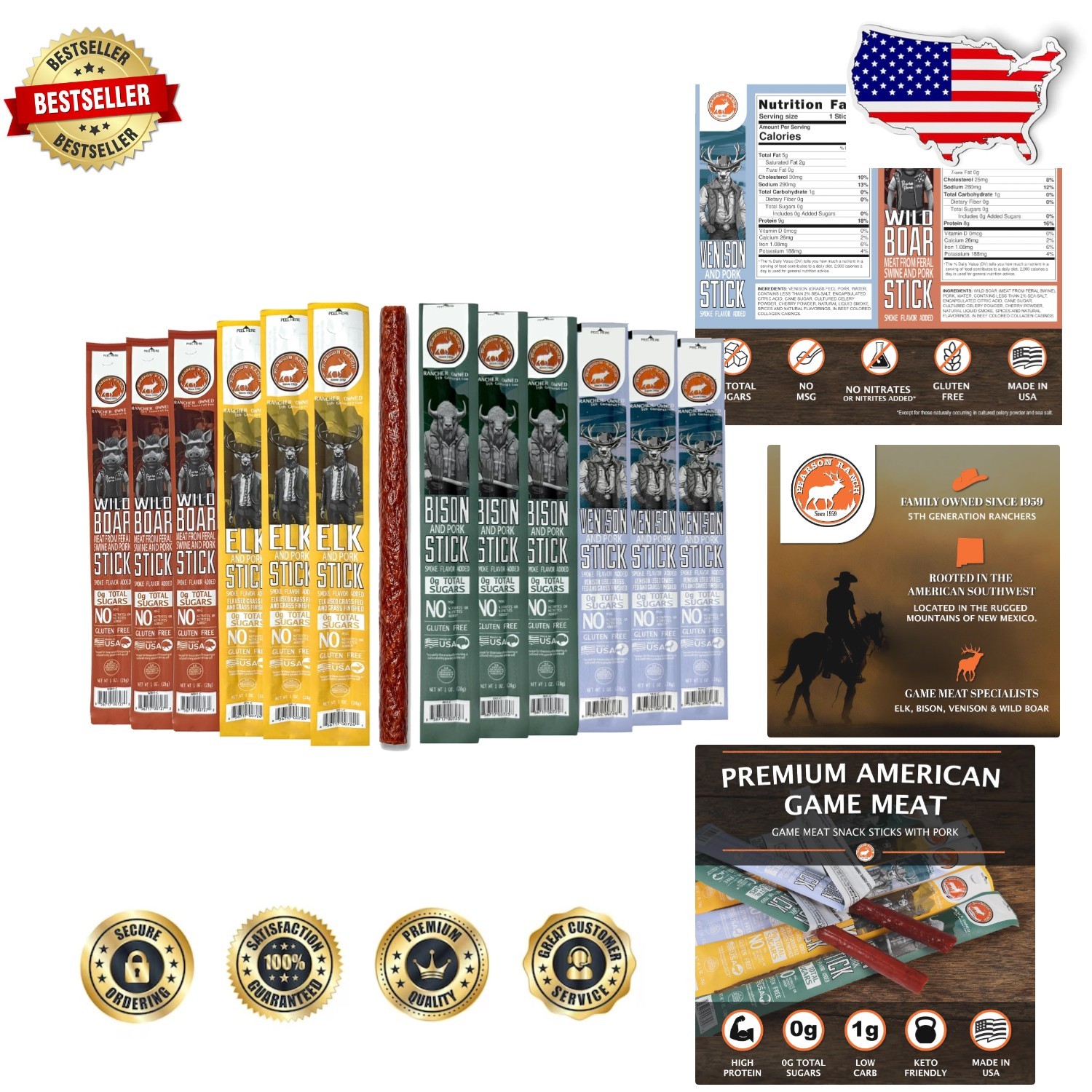 Elite Meat Sticks 24oz Pack Elk Bison Venison Wild Boar High Protein No Nitrites