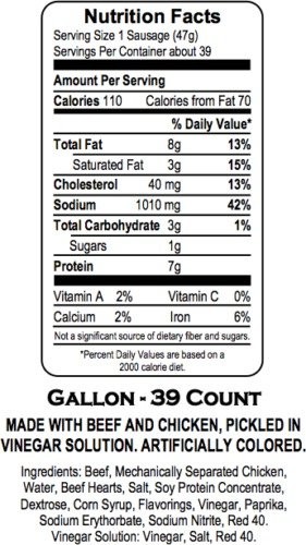 RED HOT Pickled Sausage (1 Gal. Jar) 39 Count Beef & Chicken No Pork