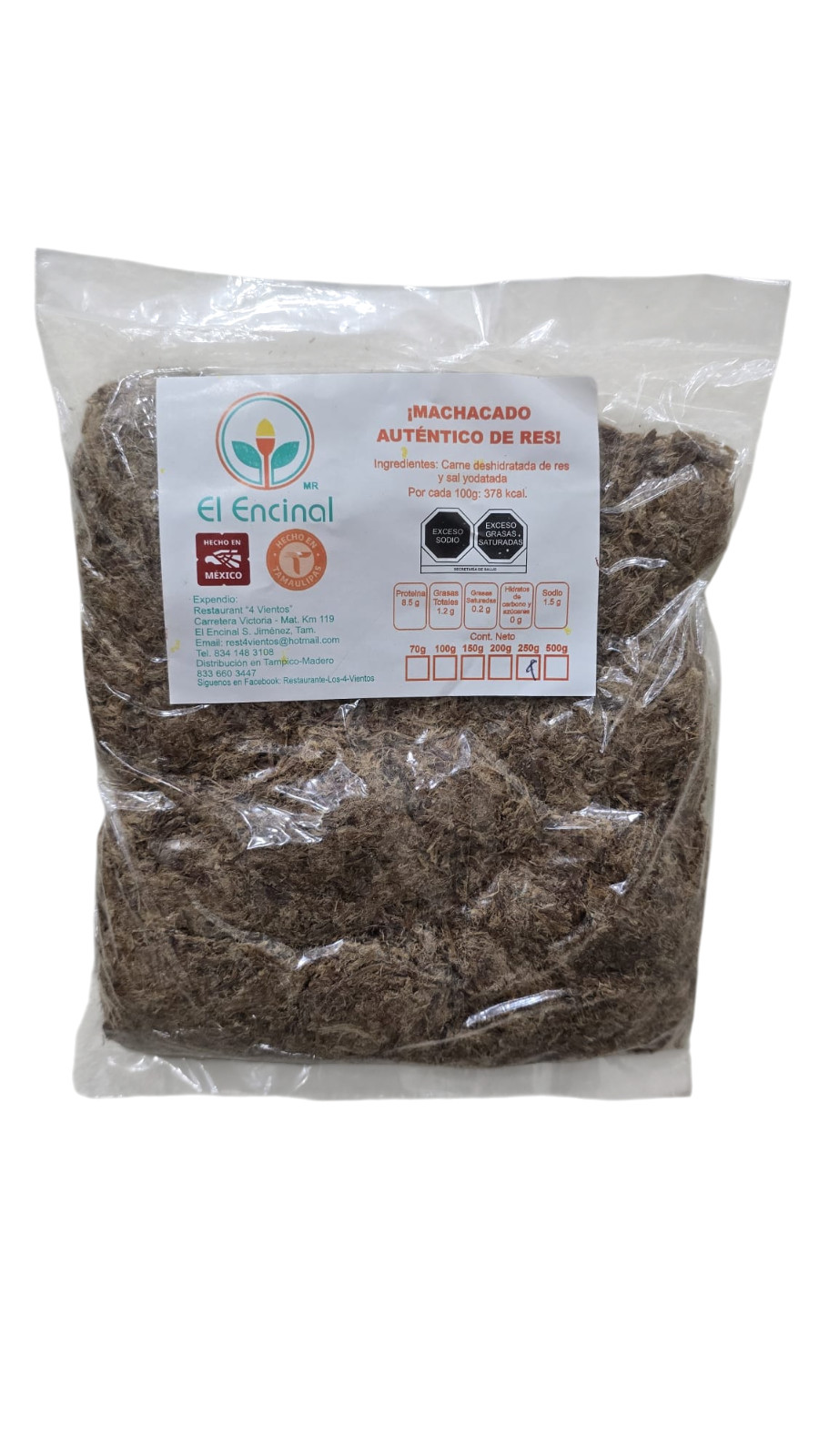MACHACADO TAMAULIPECO EL ENCINAL 100% RES, MEXICAN SHREDDED BEEF JERKY 250 G.