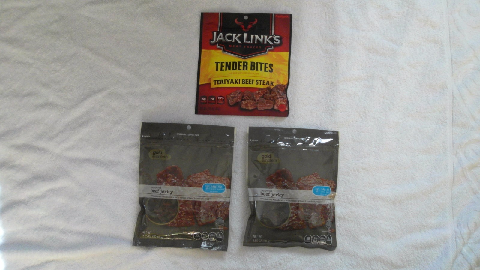 (2) Gold Emblem Peppered Beef Jerky & (1) Jack Link’s Tender Bites 2.85 Oz Each