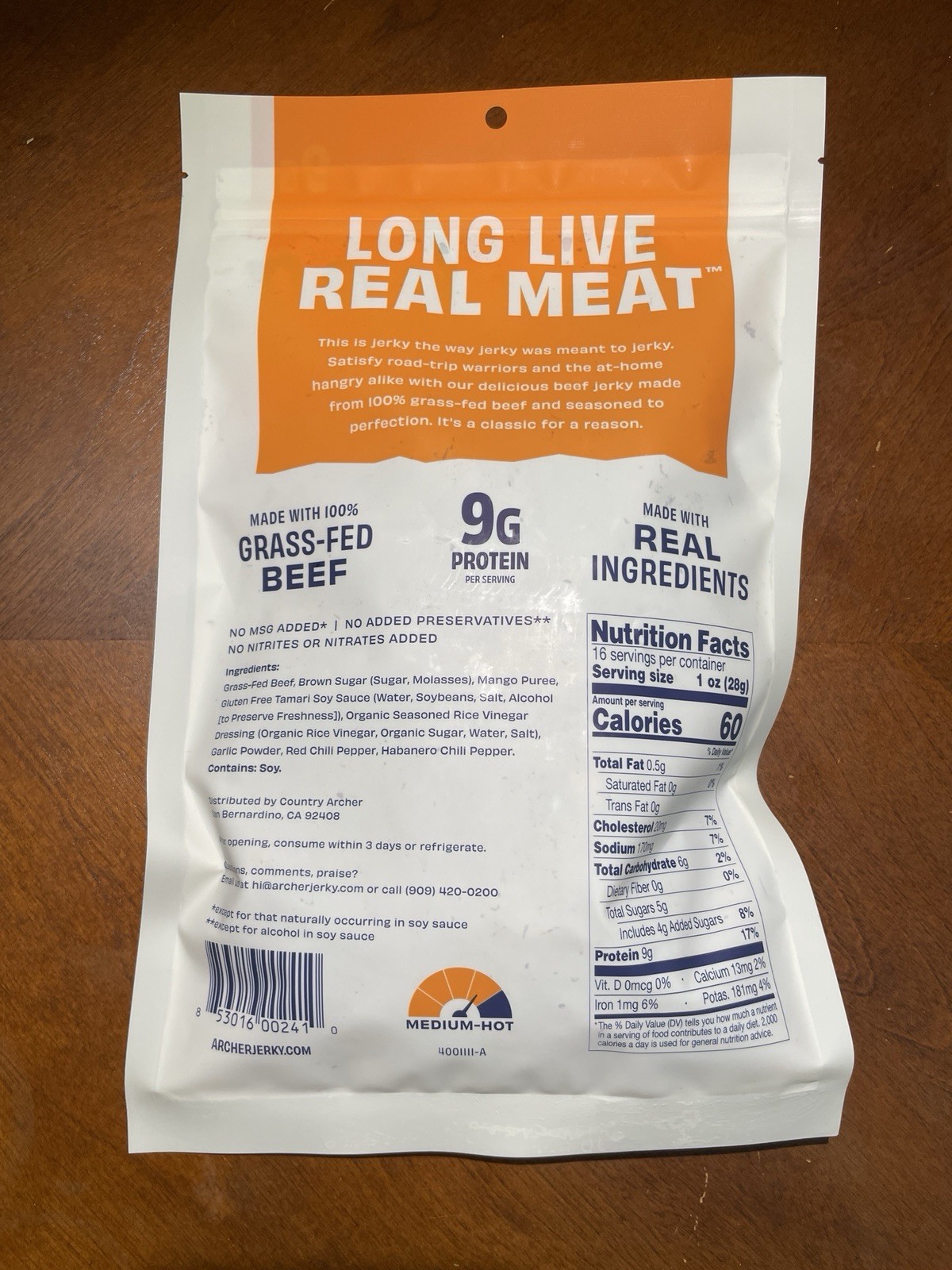 Archer Mango Habanero Grass-Fed Beef Jerky 16 oz./ 454g One Pound! 1 lb.