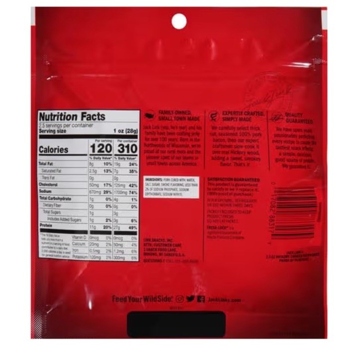 Jack Link’s Bacon Jerky, Hickory Smoked, 2.5 oz. Bag (Pack of 4)