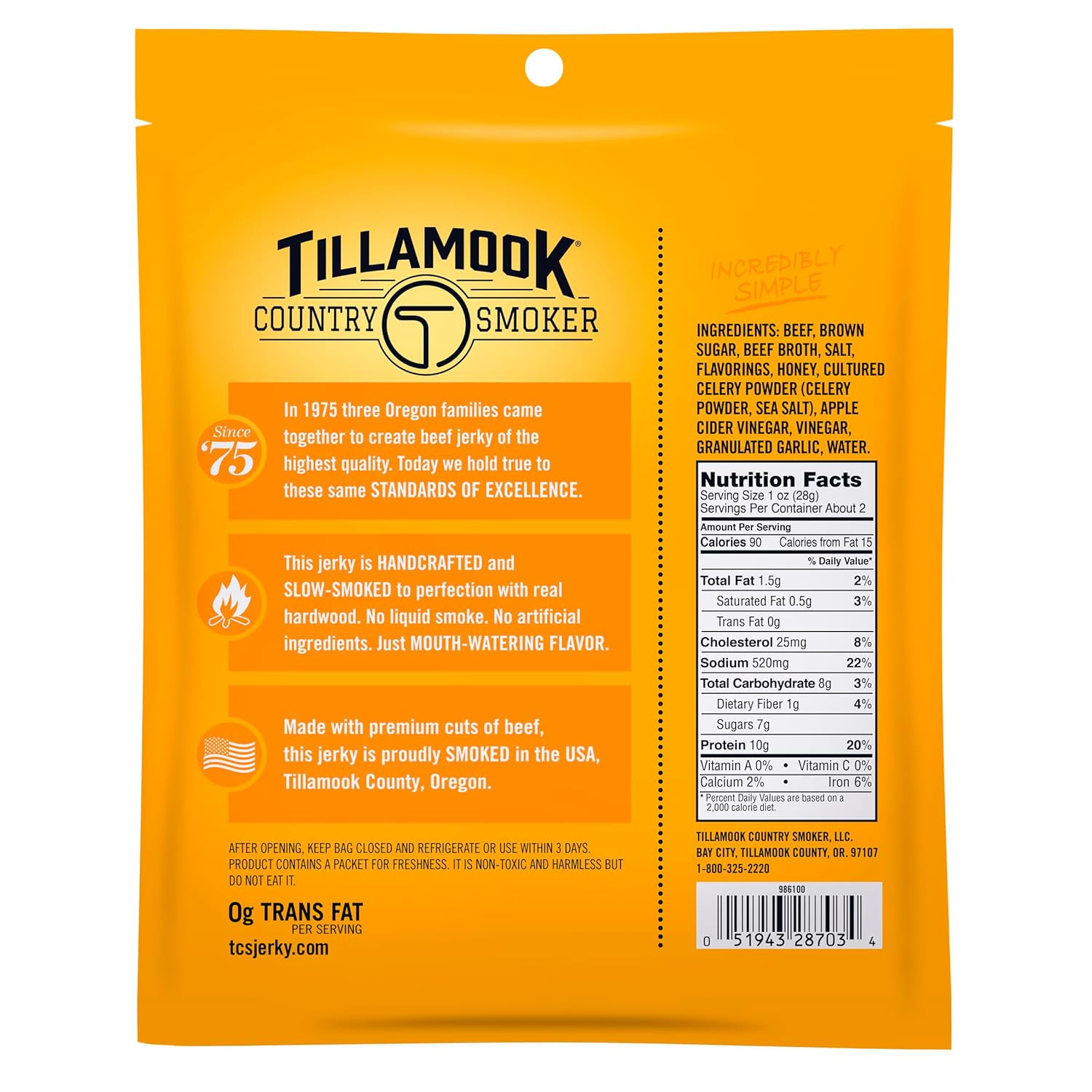 Tillamook Country Smoker Real Hardwood Smoked Beef Jerky, Honey Glazed, 2.5 Ounc